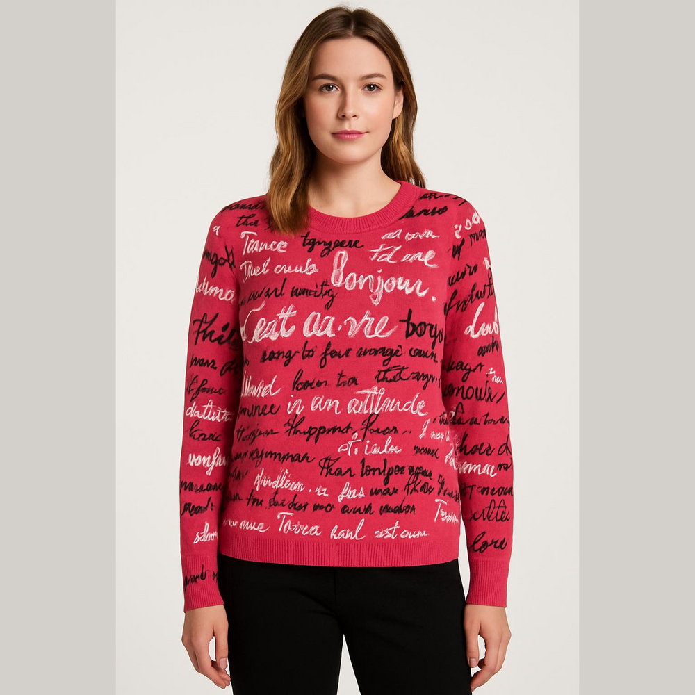 Karl Lagerfeld Hot Pink Script-Print Long Sleeve Sweater